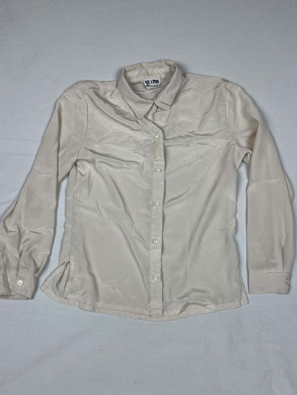 All Hours Vintage Beige Satin Button Down Long Sleeve Shirt X-Small